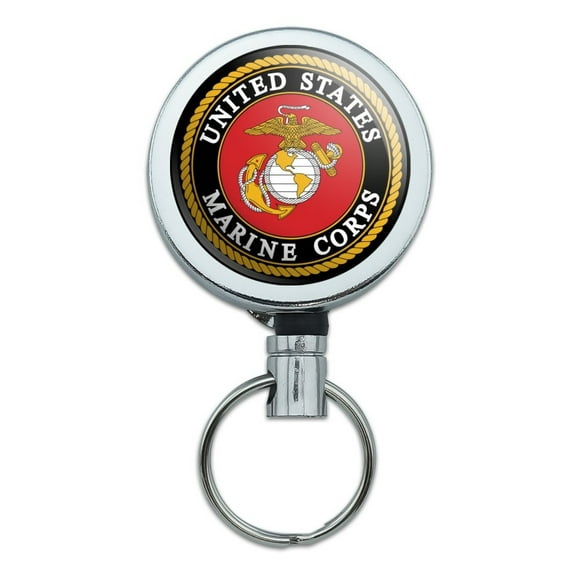 Marines USMC Emblem Black Yellow Red Officially Licensed Heavy Duty Metal Retractable Reel ID Badge Key Card Tag Holder with Belt Clip