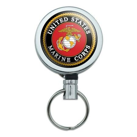 Marines USMC Emblem Black Yellow Red Officially Licensed Heavy Duty Metal Retractable Reel ID Badge Key Card Tag Holder with Belt