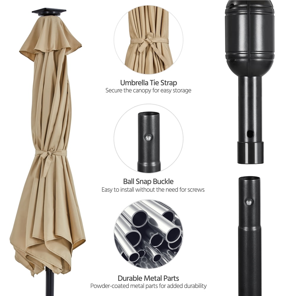 Yaheetech 9ft Patio Umbrella with Solar Powered LED Lights Strips and Central Light, Tan