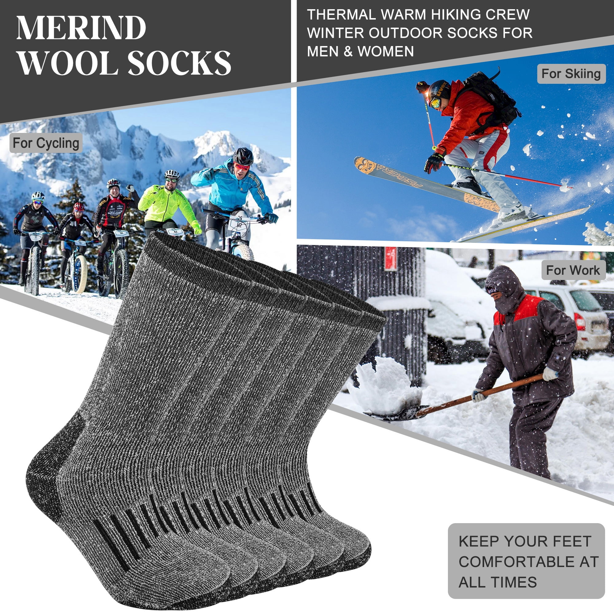 KOITHOT 3 Pack Merino Wool Socks for Men & Women, Thermal Boot Warm Hiking Socks