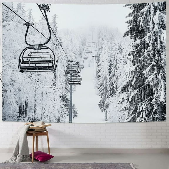 Fenyluxe Winter Skiing Tapestry, Old Cable Ski Lift in Winter Snow Mountain Wall Tapestry, Winter Christmas Holidays Tapestry Wall Hanging for Bedroom Living Room Dorm Background 40x30inch