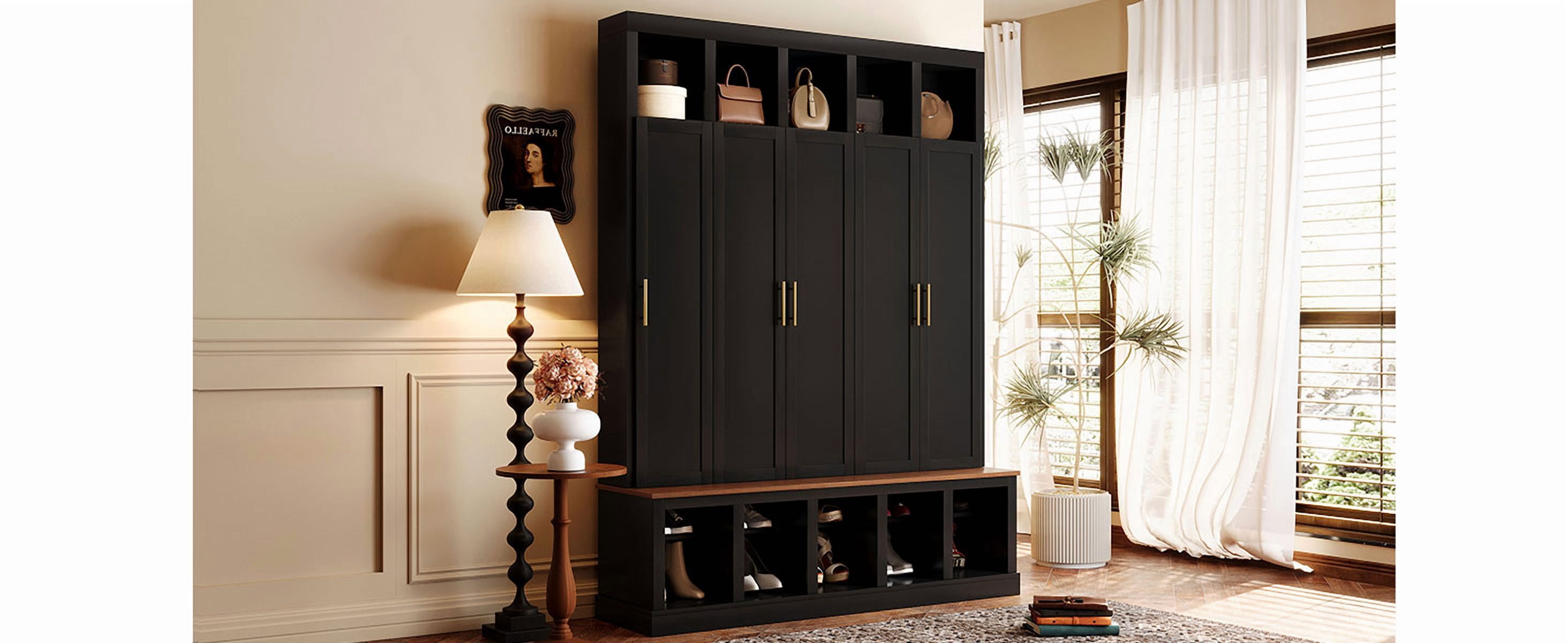 Mintazer 76” Tall Farmhouse Hall Tree with Shoe Rack Bench & Display Cubbies, Storage Cabinet with 3 Doors Closet for Entryway, Living Room, Bedroom, Black