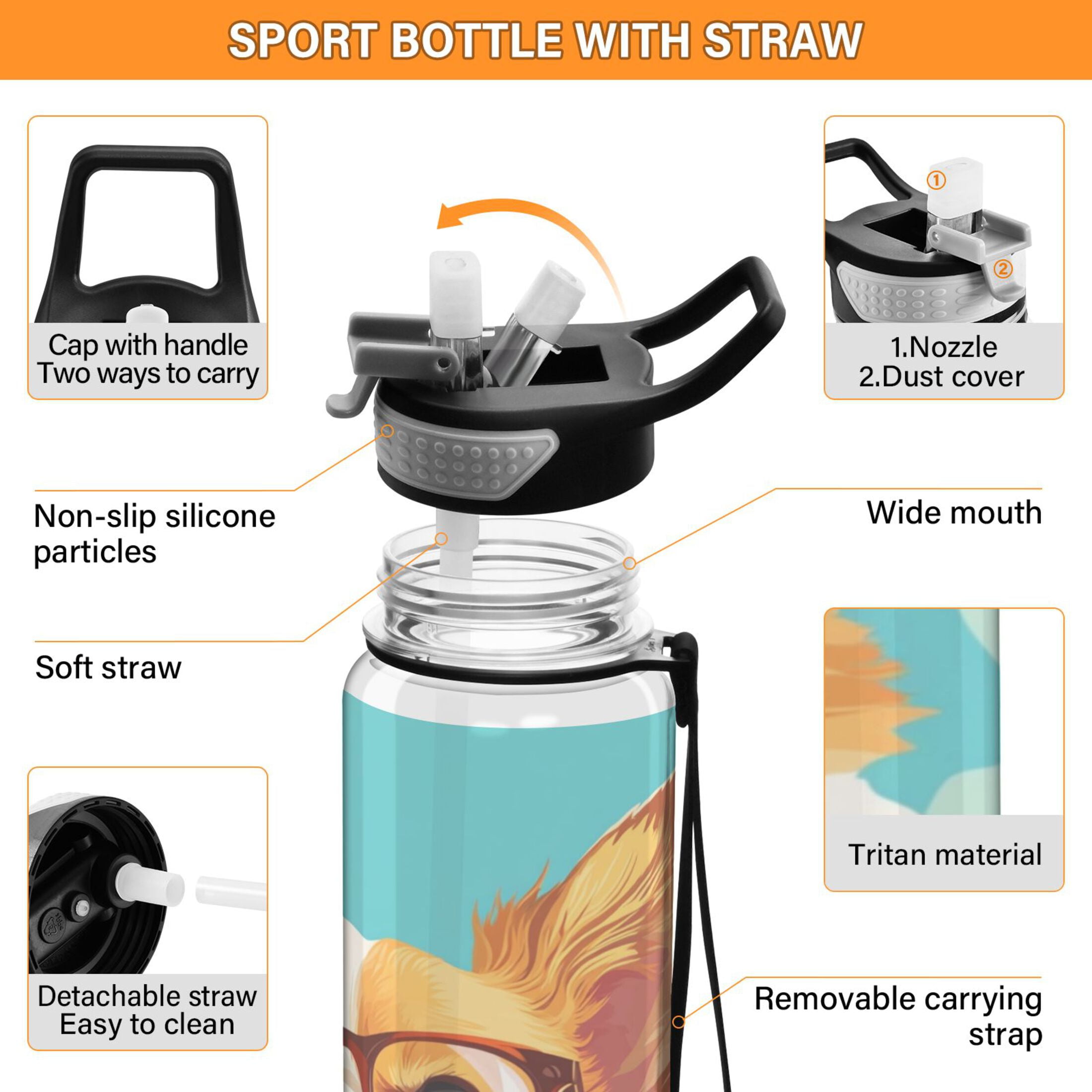 Sports Water Bottle 1000ML Tritan Food Grade Clear Water Bottle Fitness Outdoor Sports Bike Dog with Glasses