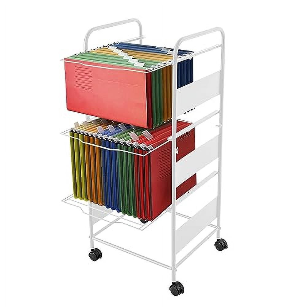 3 Tiers Metal Rolling File Carts with Wheels Hanging Files for Letter Size Movable Pull-Out File Folder Rack Drawer File Cabinet for Home Office