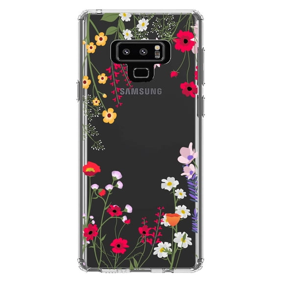 DistinctInk Clear Shockproof Hybrid Case for Samsung Galaxy Note 9 - TPU Bumper Acrylic Back Tempered Glass Screen Protector - Wildflowers Border Blue Pink Purple