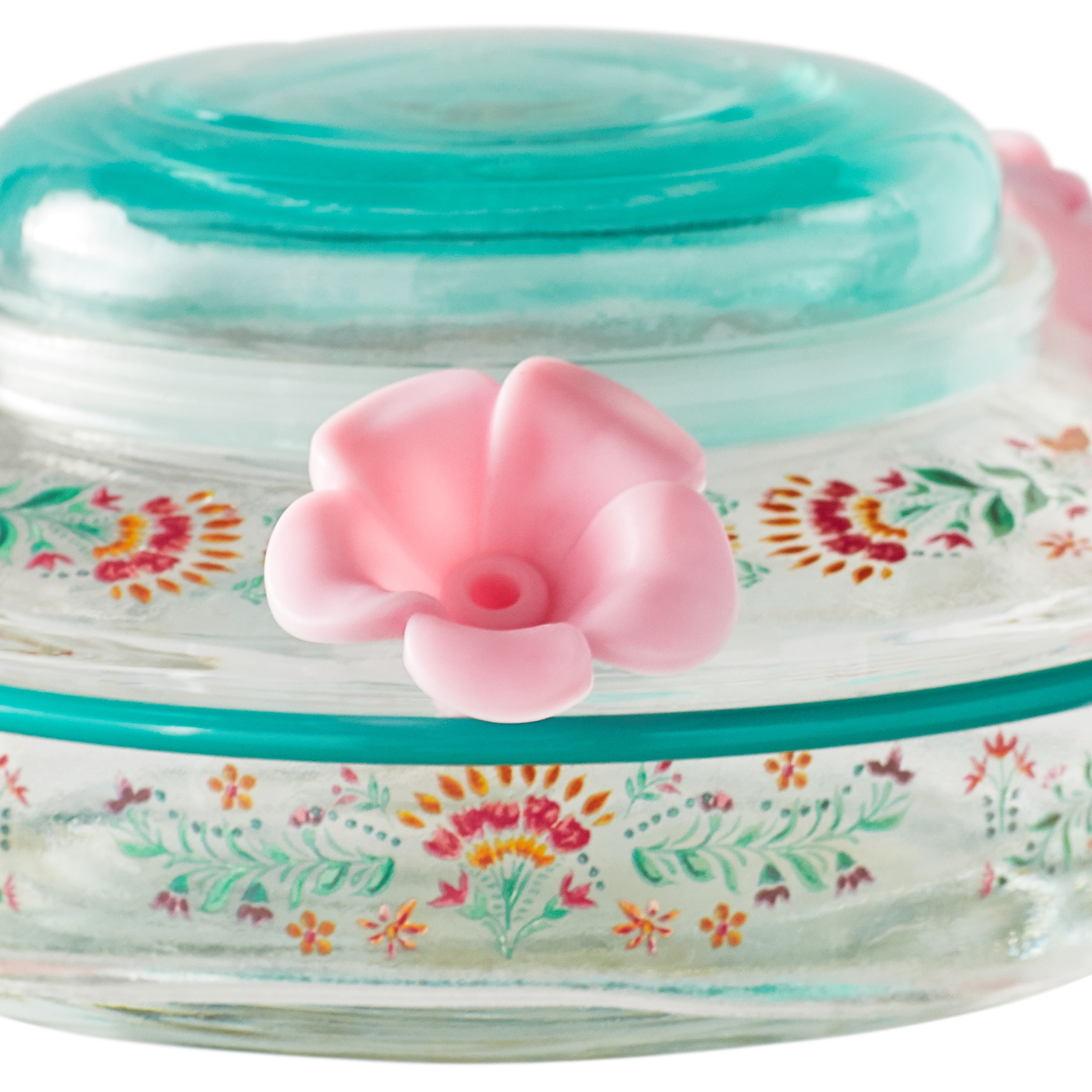 The Pioneer Woman Folk Geo Glass Decorative Top-Fill Hummingbird Feeder 13 oz, Blue Pink
