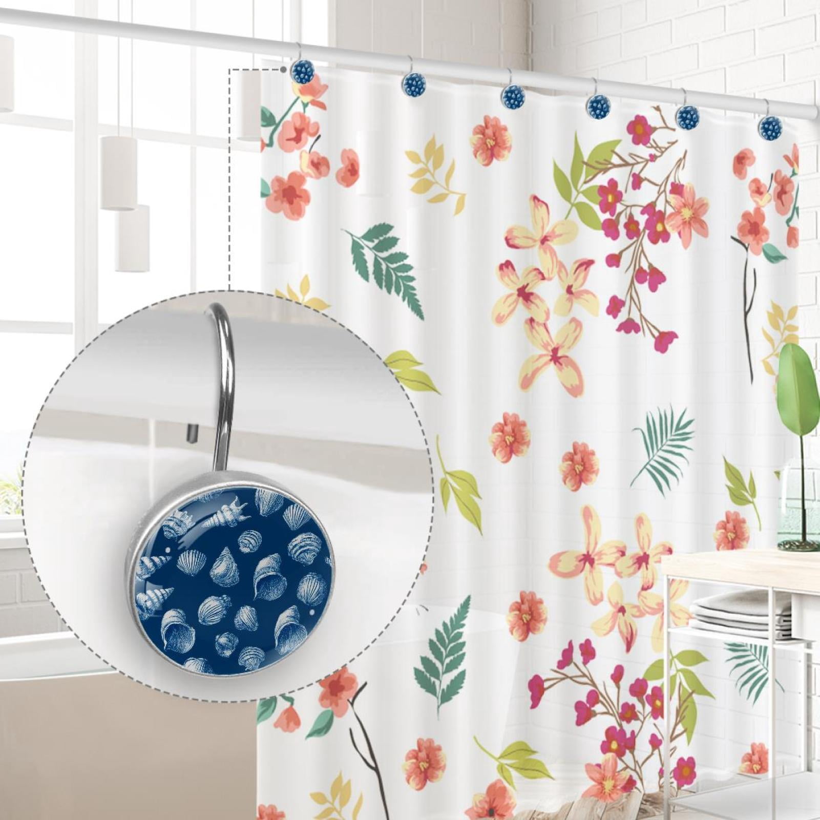 Sea Conch Shells Shower Curtain Hooks Round Crystal Glass, Set of 12 Shower Curtain Rings - Shower Hooks for Curtain Shower Rings