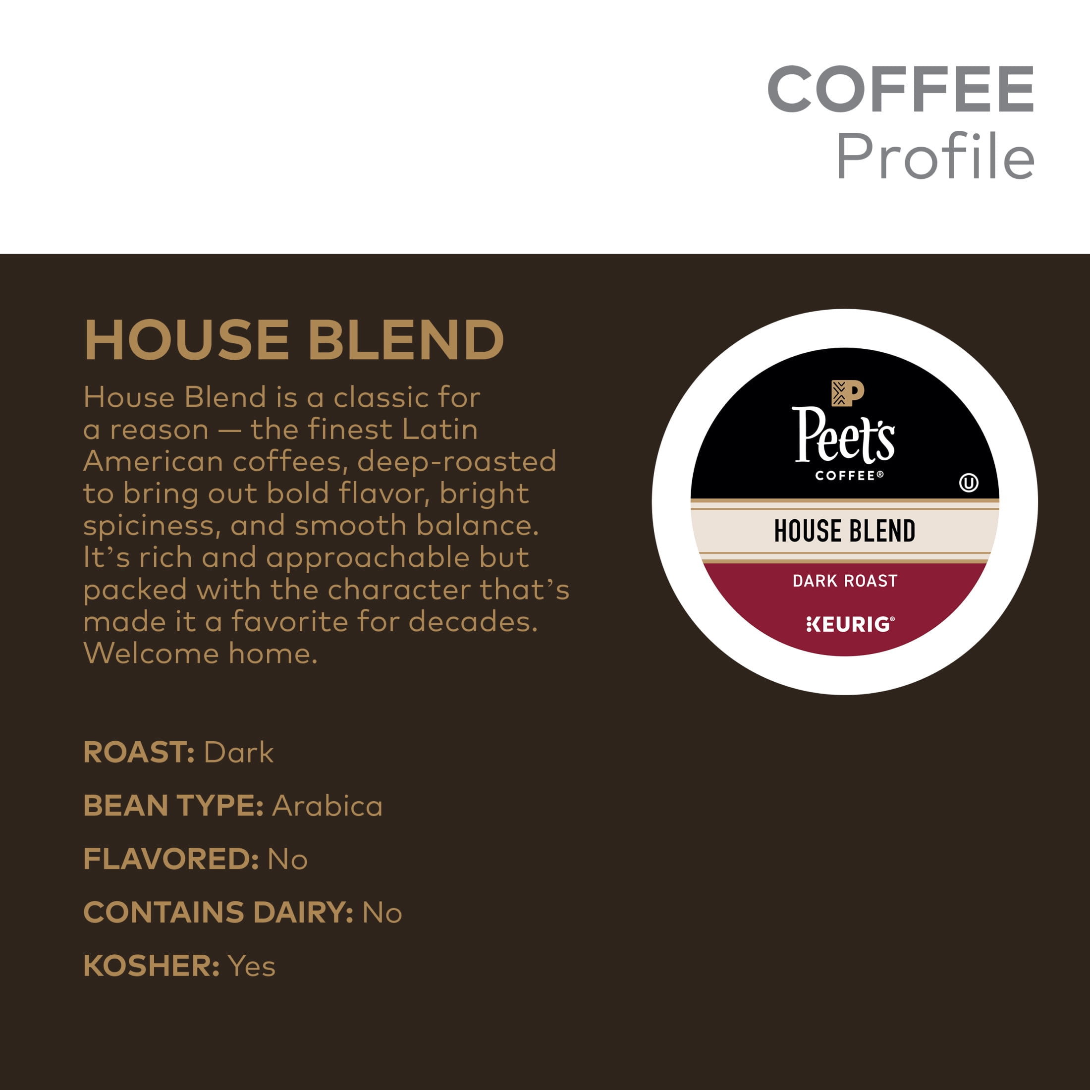 Peet's Coffee, House Blend Dark Roast K-Cup Coffee Pods, 22 Count
