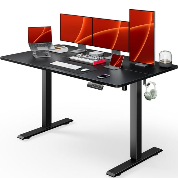 CHITOOMA 63" x 24" Electric Standing Desk, Adjustable Height Sit Stand Up Desk with 4 Memory Pre-Set, Home Office Gaming Desk with Headphone Hook, Black