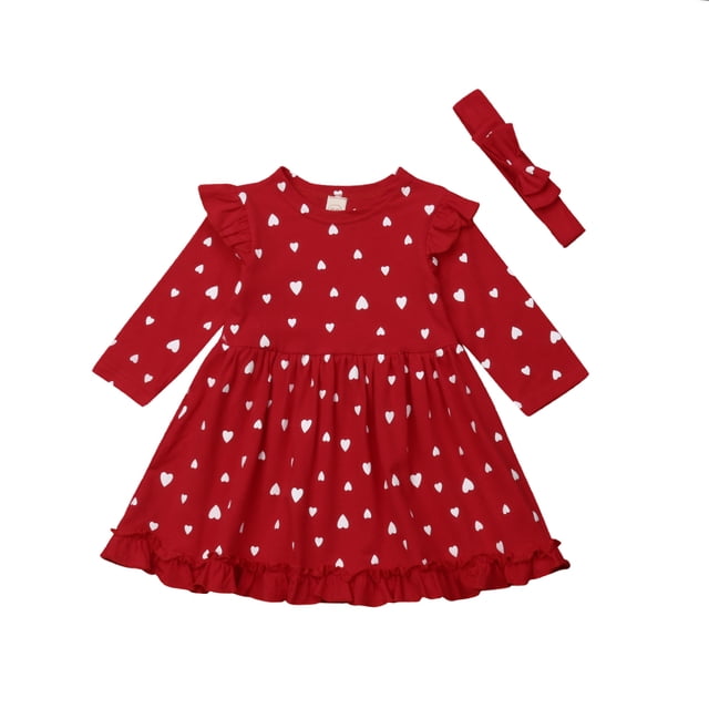 ITFABS Baby Girl's Red Heart Patterned Long Sleeve Ruffle Dress with Headband