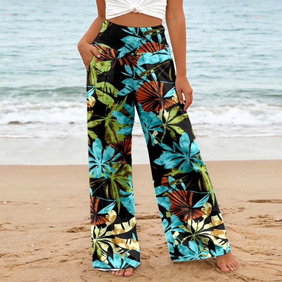 ibiyuan Stretchy Work Pants for Women Wide Leg Palazzo Pants for Women Petite Lightweight Women Trousers Drawstring Lounge Pants Summer Beach Vacation