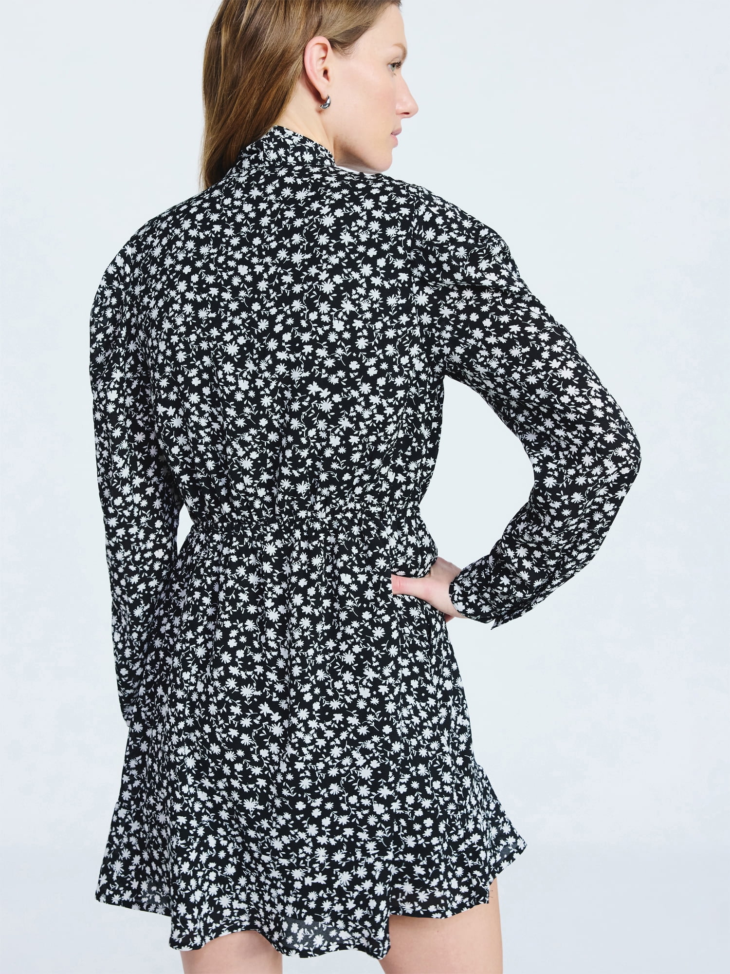 Scoop Women's and Women's Plus Tie Neck Mini Dress with Long Sleeves, Sizes XS-4X