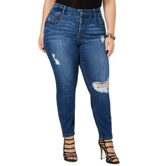 YSJ Plus Size Distressed Skinny Zip Ankle Jeans Blue 18W