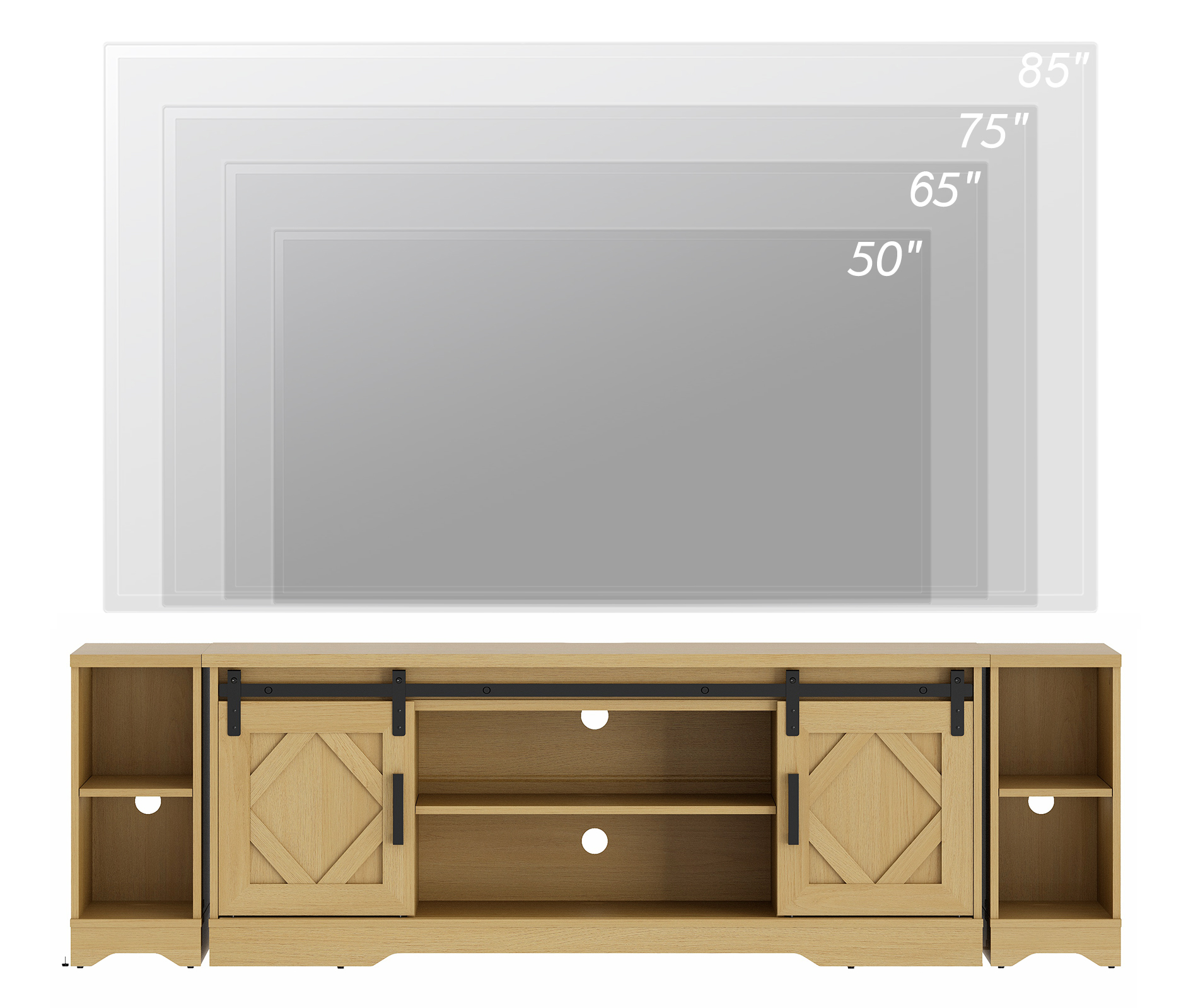 WAMPAT Farmhouse TV Stand with Sliding Barn Doors, Media Console with 3-Tier Adjustable Shelf for TVs up to 85", Rustic Wood Entertainment Center for Living Room,Natural Oak