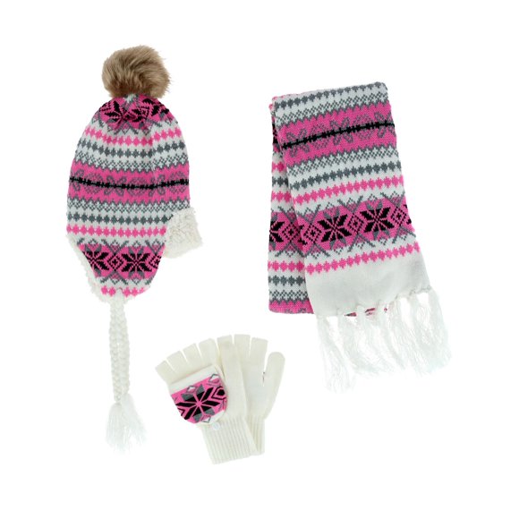 Connex Gear Ensemble d'Hiver 3 Pcs Chapeau Foulard et Glommit Imprimé Flocon de Neige (Femmes)