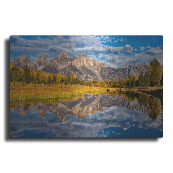 Luxe Metal Art 'Fall Reflection in the Tetons - Grand Teton National Park' by Darren White, Metal Wall Art, 24"x16"