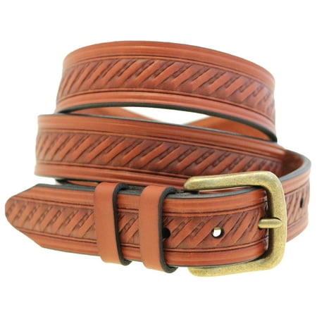 Embossed Brass Buckle - Mens 1 3/8 Chestnut English Bridle Leather Embossed Belt Antique Brass Buckle
