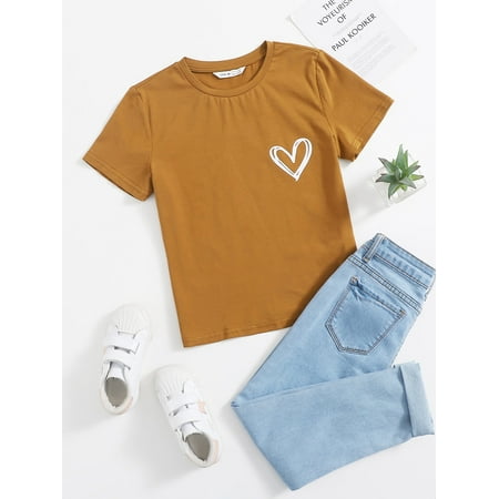 

Short Sleeve Girls Heart Print Tees T Shirt S221904X Ginger 9Y(53IN)