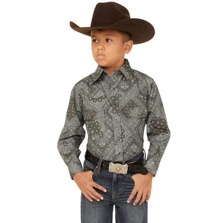 

Boys Cowboy Hardware Bandana Print Long Sleeve Pearl Snap Western Shirt Charcoal X-Large US