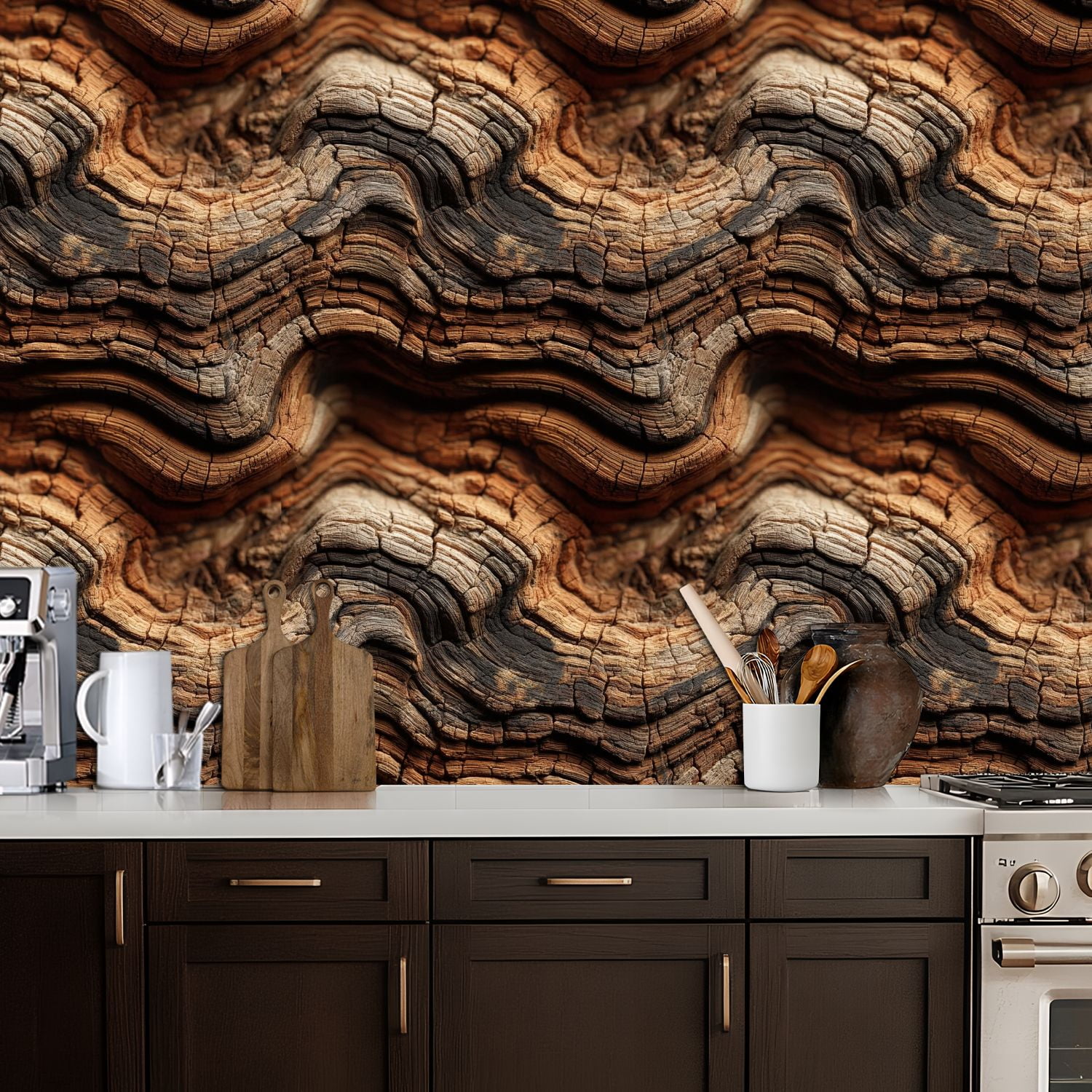 Peel and Stick Wallpaper Abstract Wood Grain Texture Wavy Lines Rich Earthy Tones Wall Mural 17.7in x 9.8ft Self Adhesive Wall Paper Renter Friendly Wallpaper for Nursery Bedroom Cabin Decor