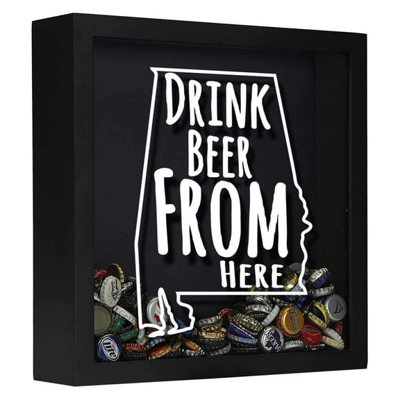 TORCHED Alabama Drink Beer From Here Beer Cap Shadow Box 14" x 14" x 5" | Wall Mount Decor | Black