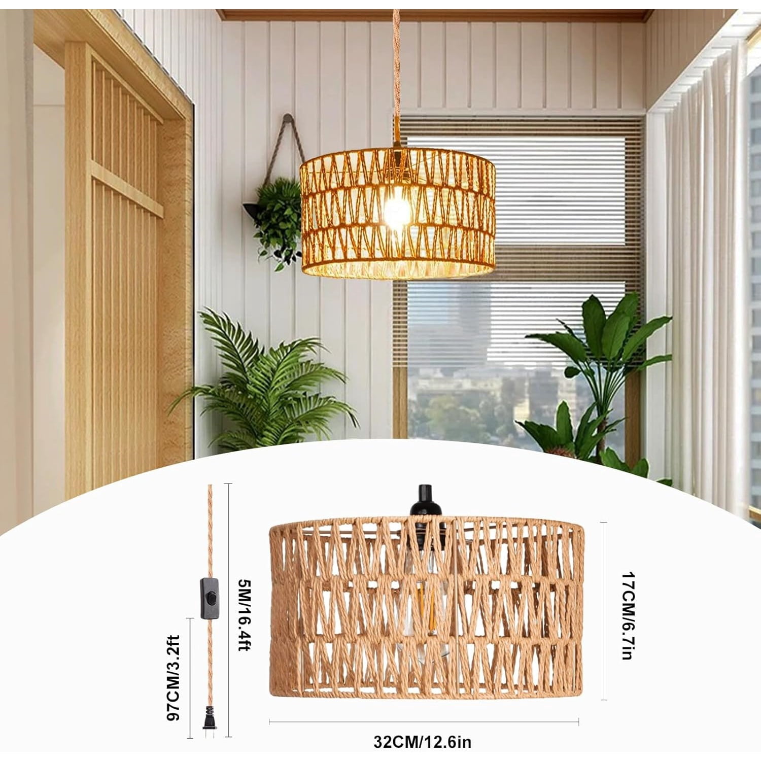 Hanging Lamps Rattan Pendant Light Hanging Lights 16.4ft Plug in Cord Pendant Light Fixture Plug Into Wall Outlet Pendant Lighting with On Off Switch for Bedroom Living (Cylindrical Shade)