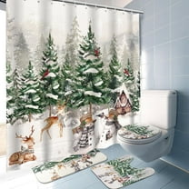 4 Pcs Winter Pine Tree Christmas Shower Curtain Set Pine Tree Deer Cardinal Snowman Shower Curtains with 12 Hooks Farmhouse Bathroom Non Slip Rug Toilet Lid Cover, 70.8 x 70.8'' Waterproof