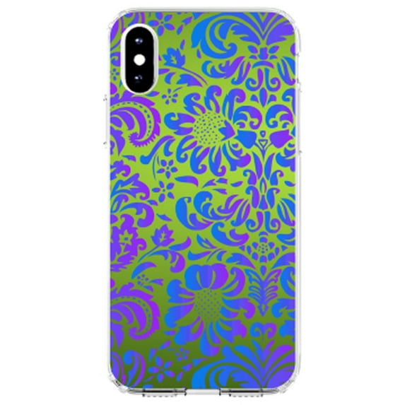 DistinctInk Clear Shockproof Hybrid Case for iPhone XS Max (6.5" Screen) - TPU Bumper, Acrylic Back, Tempered Glass Screen Protector - Green Purple Blue Floral Pattern