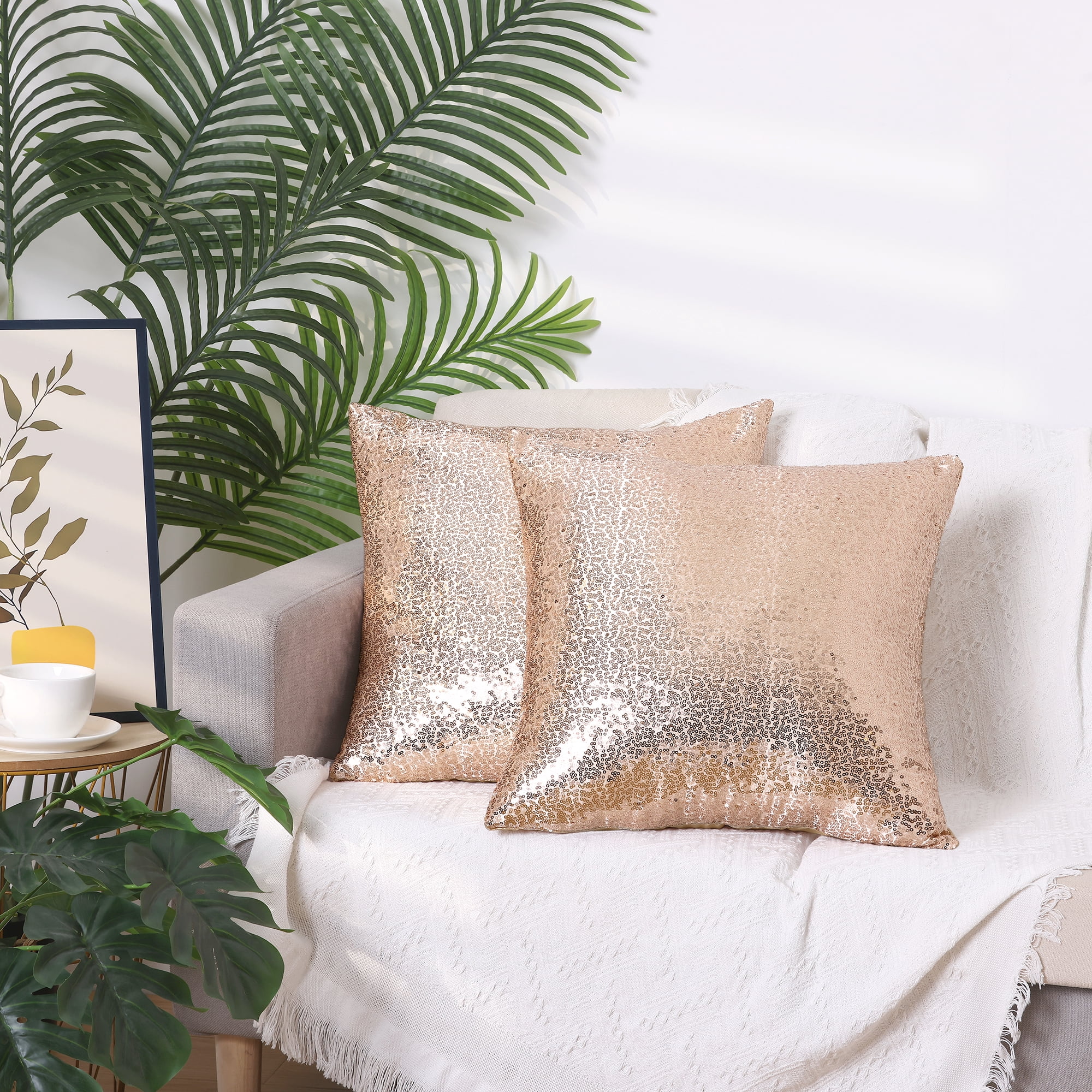 Unique Bargains Sequin Throw Pillow Covers 2 Glitter Decorative Pillow Cases Cushion Cover Rose Gold 16" x 16"