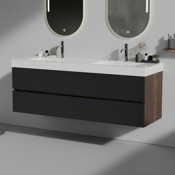 CITTANEO 60" Walnut bathroom Vanity, Glossy White Sink & Black Drawers, Pre-Assembled Design