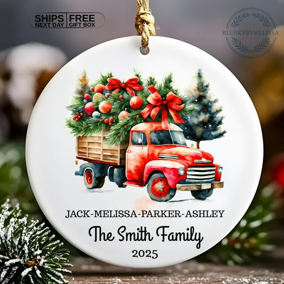 Personalized Farmhouse Christmas Ornament, Vintage Red Truck , Family Name & Year