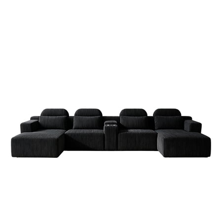 Modern Black corduroy 6-seater U-shaped sofa with lounge chair and cup holder -145.7 inch oversized modular compression sofa, suitable for home theaters, luxury living spaces, tool free assembly