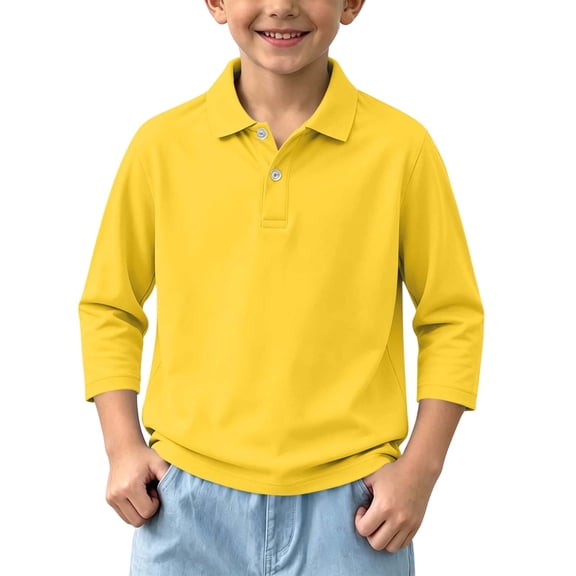 Children 3/4 Sleeve T-Shirt Lapel Collared Button Placket Breathable Pullover Tops for Kids School Sports Daily Wear 14-15Y