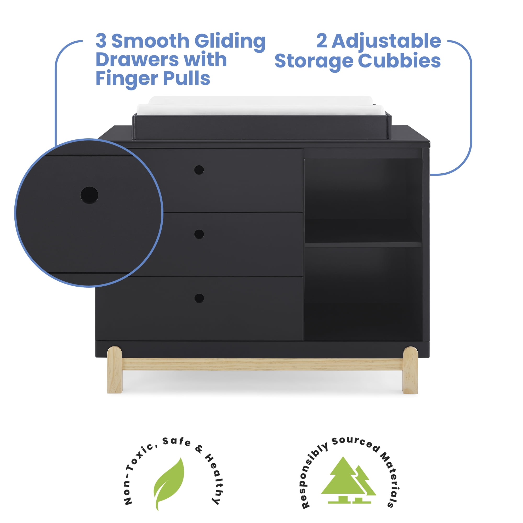 Delta Children Poppy 3 Drawer Dresser with Cubbies and Interlocking Drawers, Midnight Grey/Natural