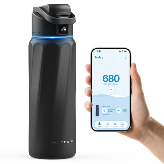 WaterH BOOST Smart Water Bottle with Reminder to Drink Water & Water Tracker Bottle - Double Wall Vacuum Insulated Water Bottle Stainless Steel, Wide Mouth 32 oz Water Bottles, Ideal for Gift - Black