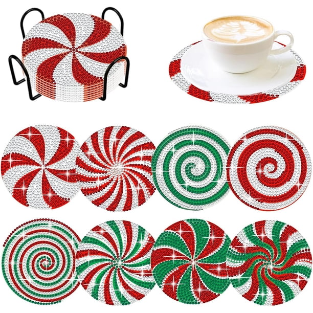 Kit de posavasos artísticos con pintura de diamantes, 8 Uds., con soporte, dulces navideños
