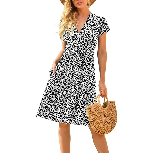 POPYOUNG Women's Summer Casual Short Sleeve VNeck Short Party Dress