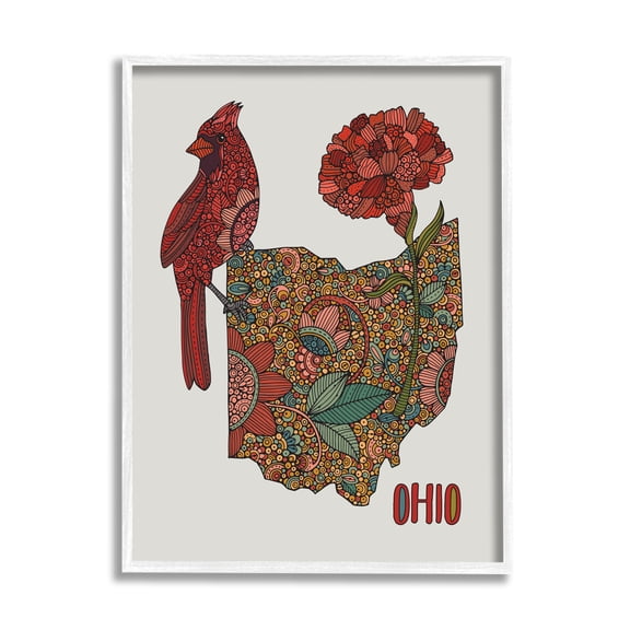 Stupell Industries Ohio State Carnation Blossom Intricate Floral Cardinal Graphic Art White Framed Art Print Wall Art, Design by Valentina Harper