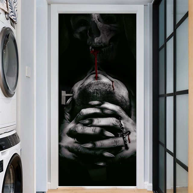 Pegatinas para puerta de mano fantasma aterradora en 3D de Halloween, 30 x 79 pulgadas, papel tapiz para puerta realista con mano fantasma para decoración de Halloween, fiesta, hogar, extraíble
