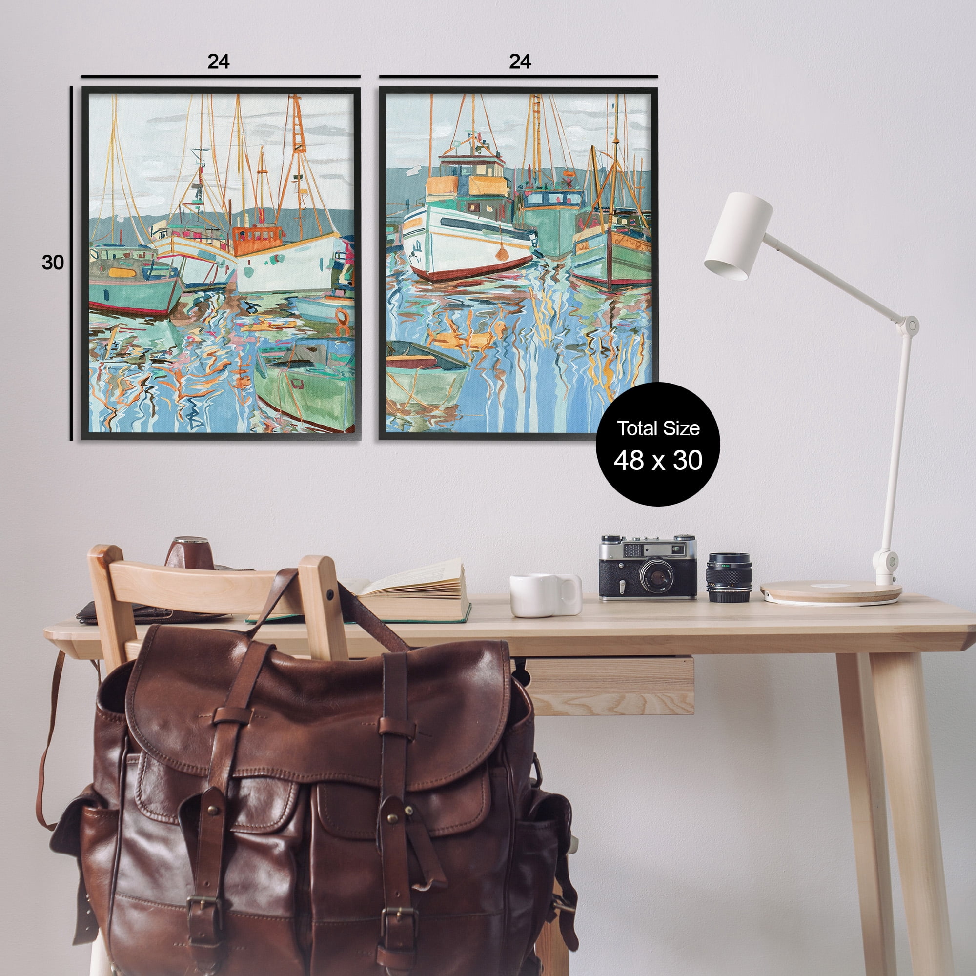 Stupell Industries Marina Ships Reflection Transportation Painting Black Framed Art Print Wall Art, 24 x 30, Set of 2