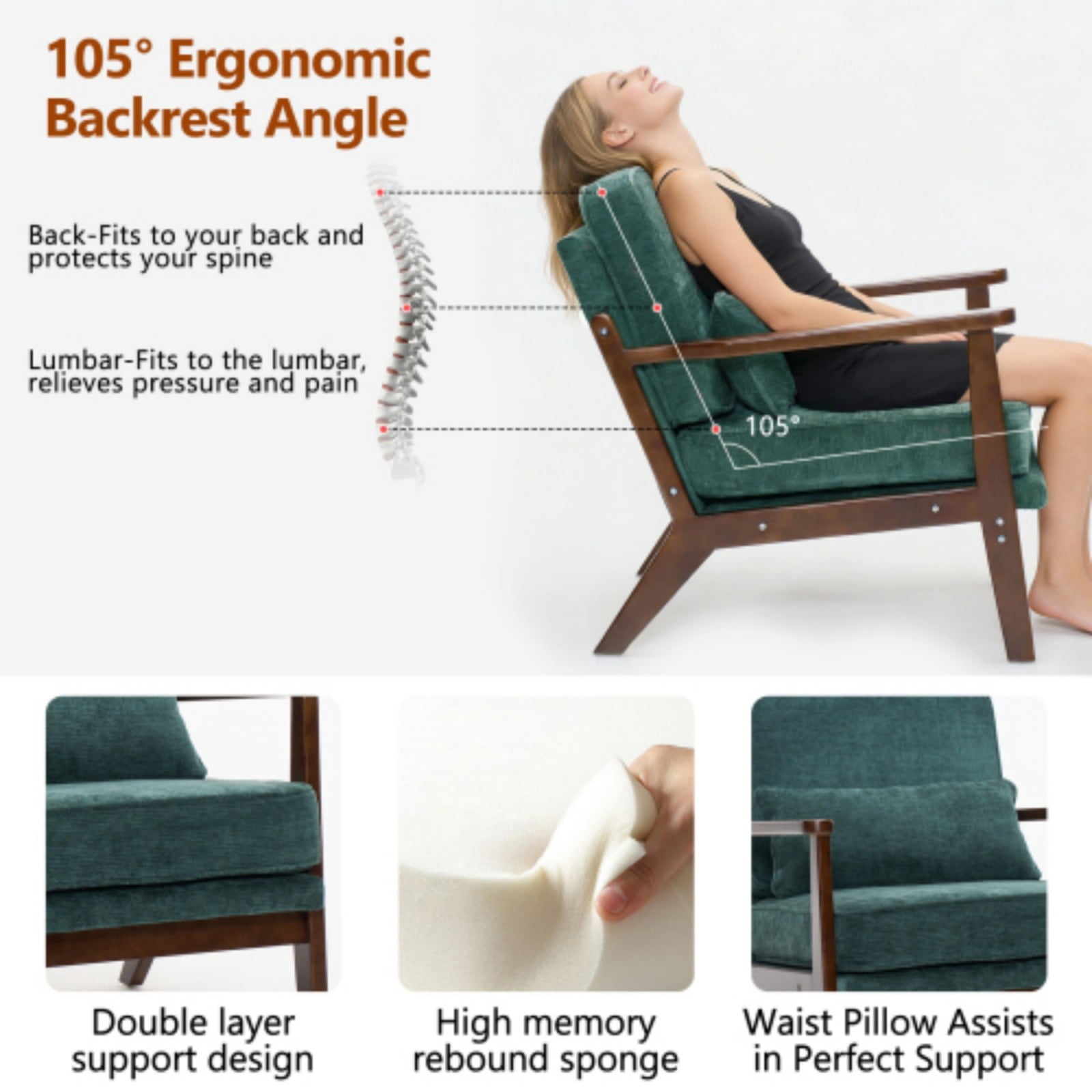 Mid-Century Modern Lounge Chair Single Living Room Chair with Lumbar Pillow, Upholstered Accent Chair with Straight Wood Armrests for Bedroom Indoor, Green