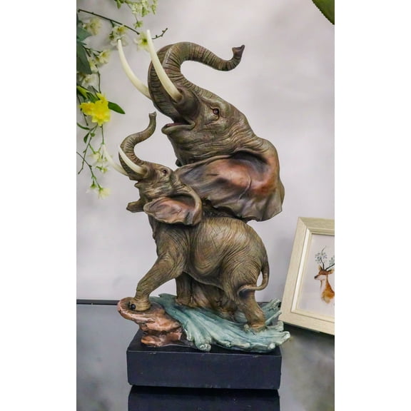 Ebros 15"H Safari Jungle Elephant With Trunk Up Bust Statue On Pedestal Base
