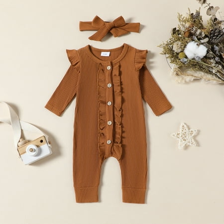 

Baby Girl Clothes Cute Floral Infant Newborn Baby Clothes for Girls Letter Print Snap Baby Girl Romper Jumpsuit Brown 3-6 Months