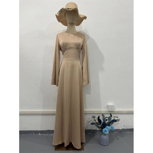 Vestido largo de seda con cuello redondo para mujer, falda ajustada de satén con manga acampanada y cordones, vestidos elegantes de fiesta de noche