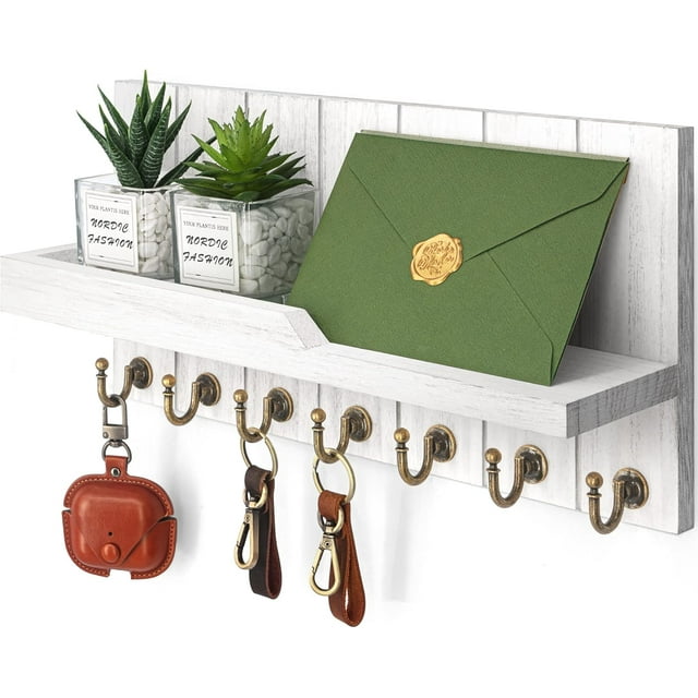 Key Holder for Wall - Farmhouse Rustic Mail Organizer Floating Shelf for Home Kitchen Entryway Decor with Sturdy Key Hooks (Retro )
