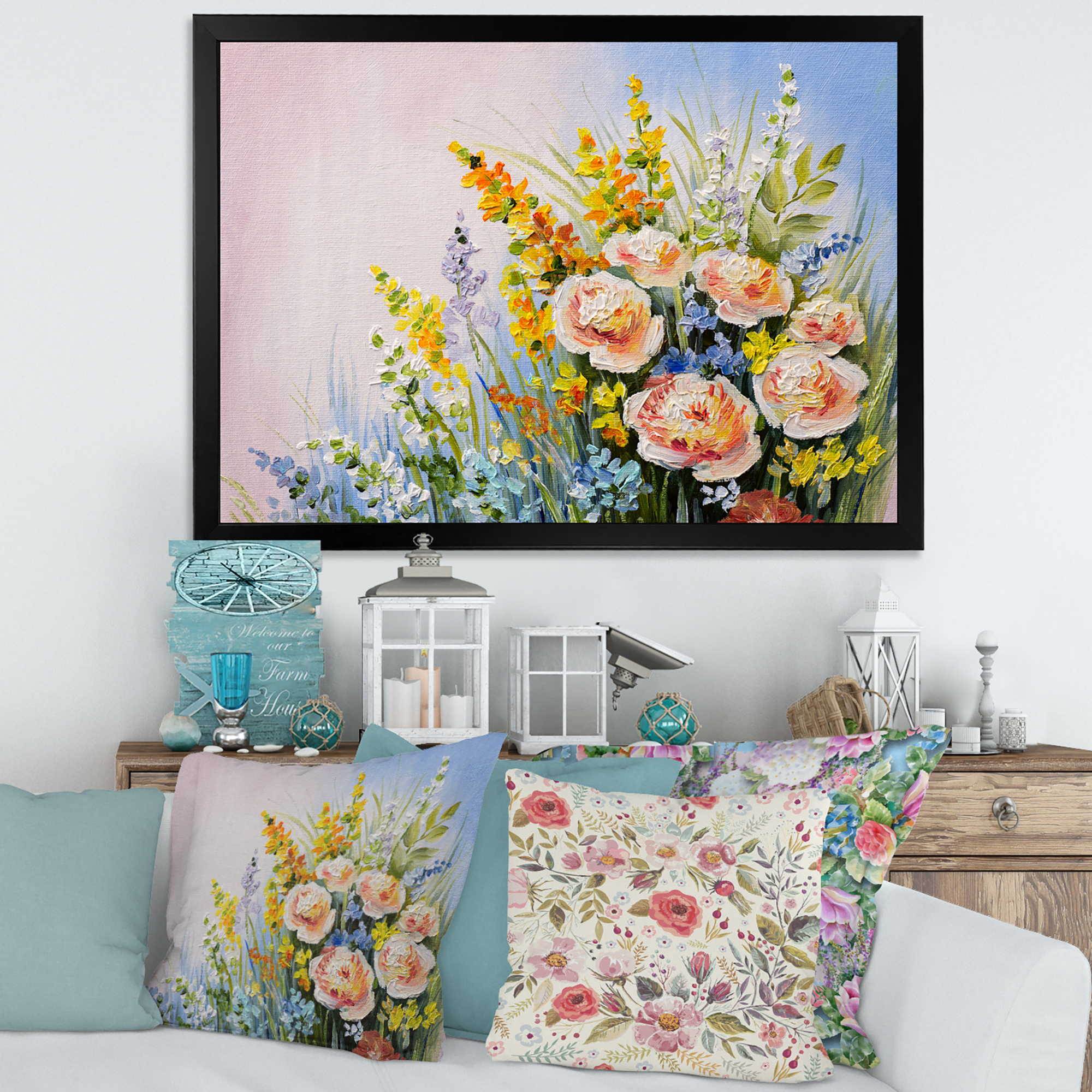 Designart 'Yellow and Pink Summer Wildflowers' Traditional Framed Art Print