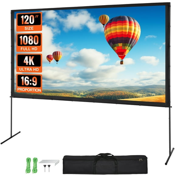 KFFKFF 120“ Projector Screen with Stand , Outdoor Movie Screen Featuring 16:9, 4K, 1080 HD, Crease-Resistant, Black