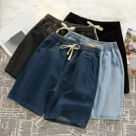 tasrioml Men Denim Shorts Elastic Waist Drawstring Straight Wide Leg Summer Shorts Solid Color Thin Loose Fit Casual Shorts