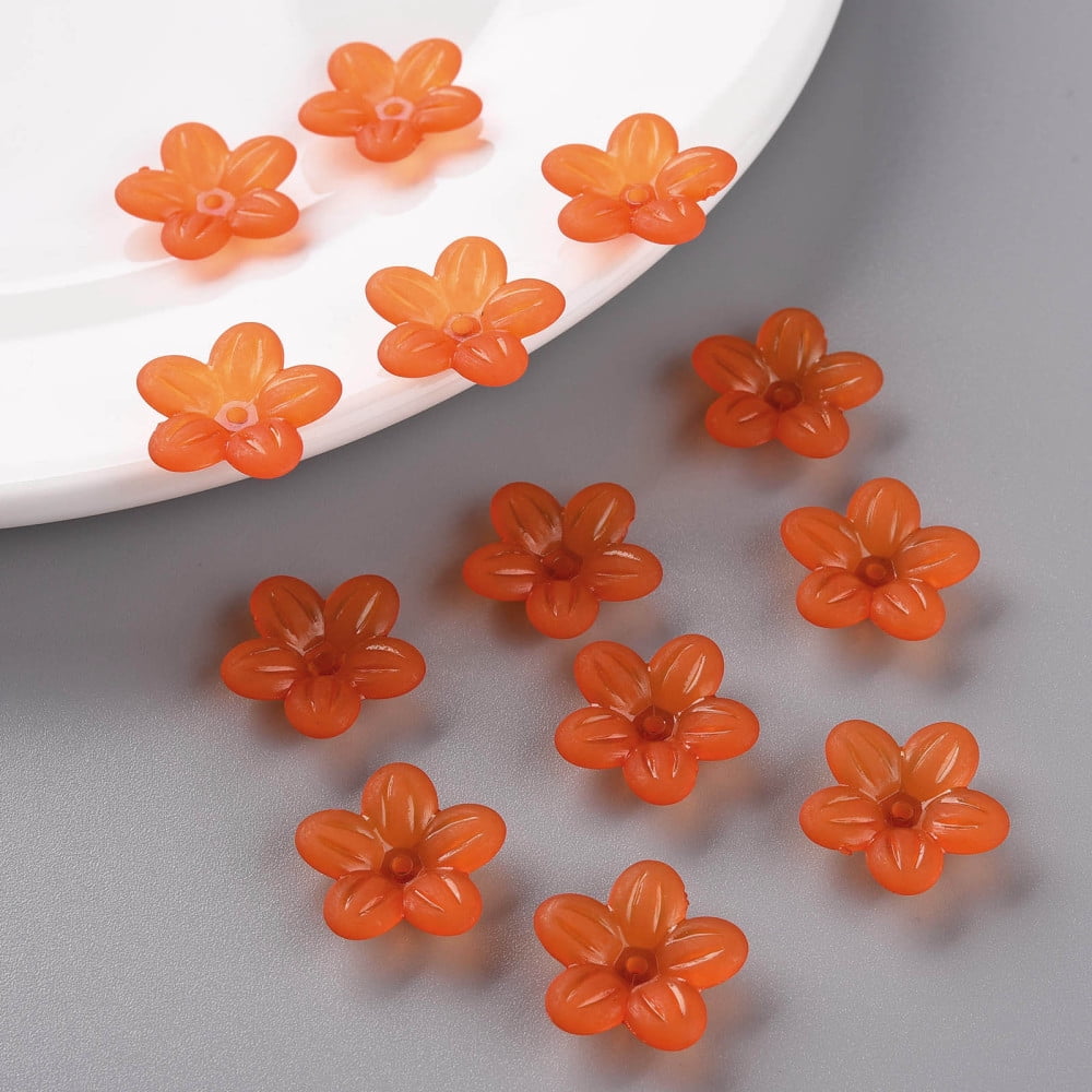 Frosted Acrylic Bead Caps 5-Petal Flower Orange Red 19.5x20x5.5mm Hole: 1.6mm about 740pcs/500g