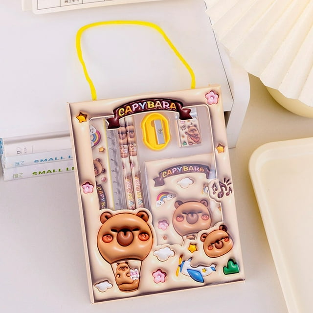 2026 Back to School 6-Piece Stationery Set, Cute Cartoon Kit with Pencils, Sharpener, Eraser & Ruler for Design Students, Creative Gift for Kids & Teens - E